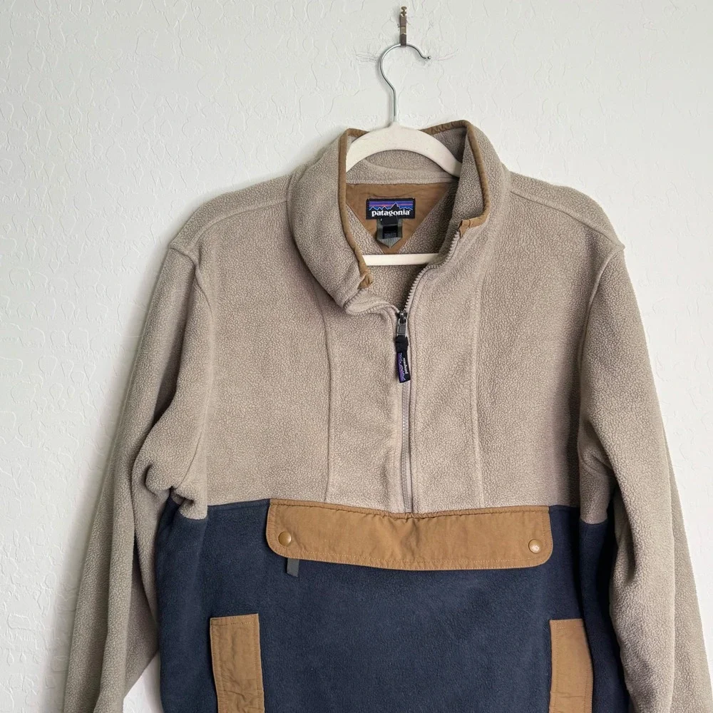 Patagonia Synchilla Anorak L Tan Navy Color Block Pullover Gorpcore Camp Fall